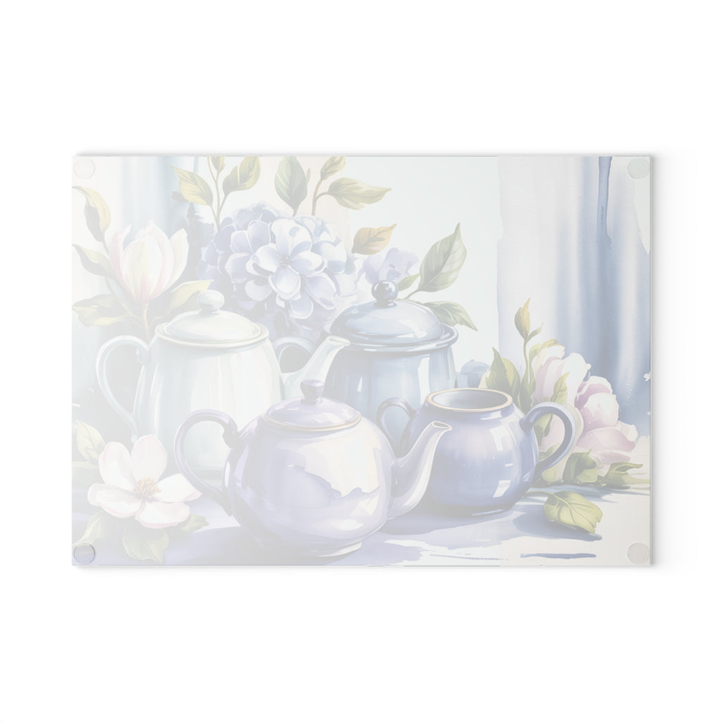 Vintage Teapot Floral Glass Cutting Board | Blue Hydrangea Magnolia