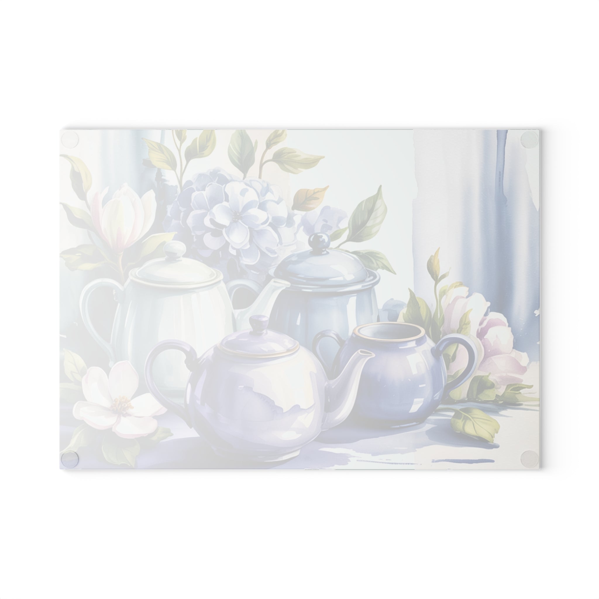 Vintage Teapot Floral Glass Cutting Board | Blue Hydrangea Magnolia