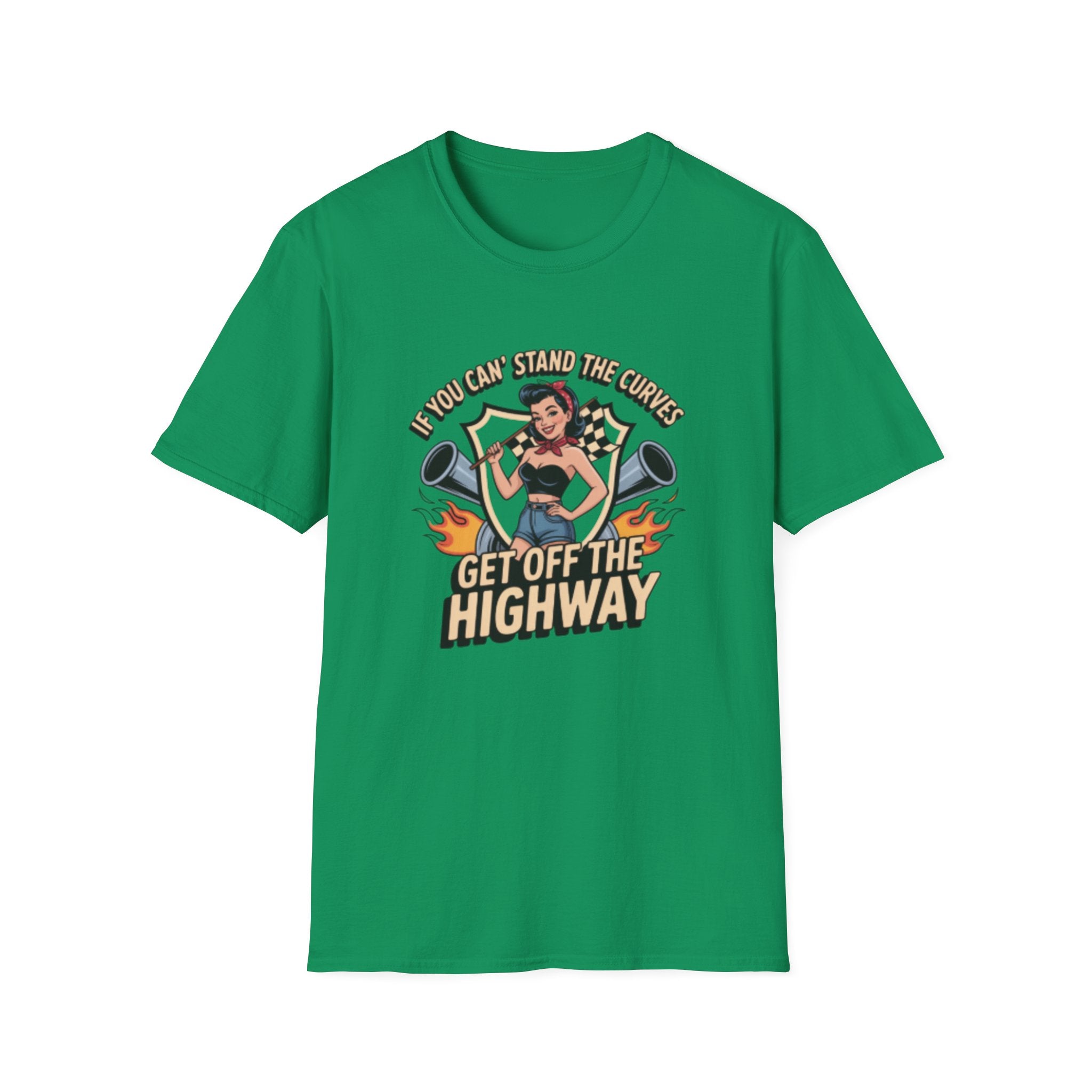 T-Shirt — “If You Can Stand the Curves, Get Off the Highway” Pin-Up Racing Tee