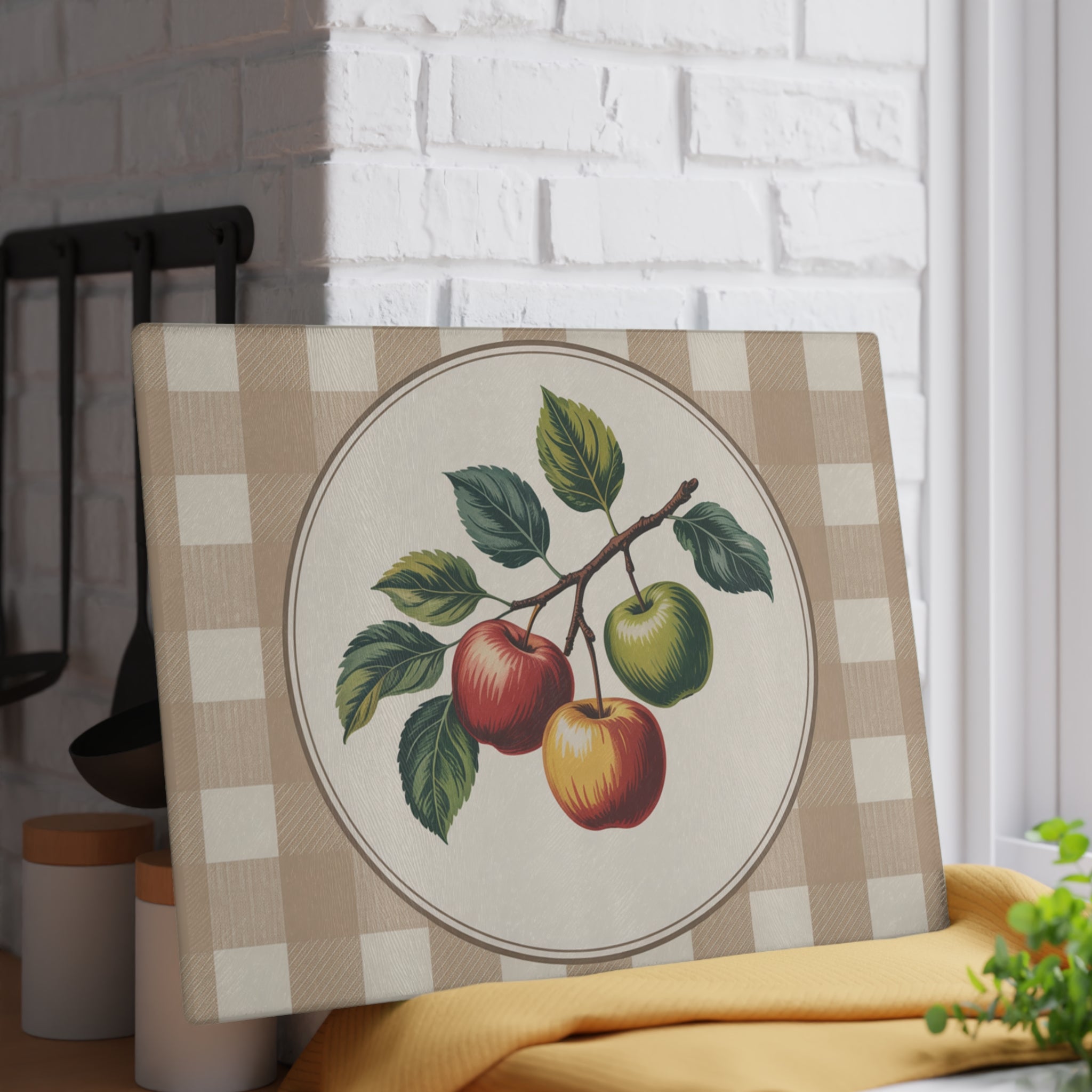 Vintage Apple Branch Glass Cutting Board | Country Kitchen Plaid