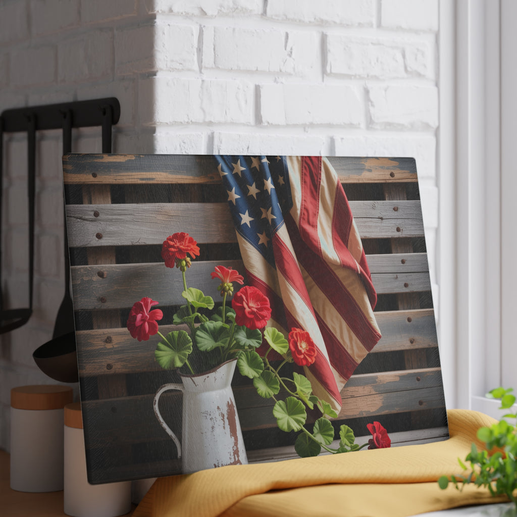 American Flag with Red Geraniums Glass Cutting Board | Patriotic Kitchen Decor