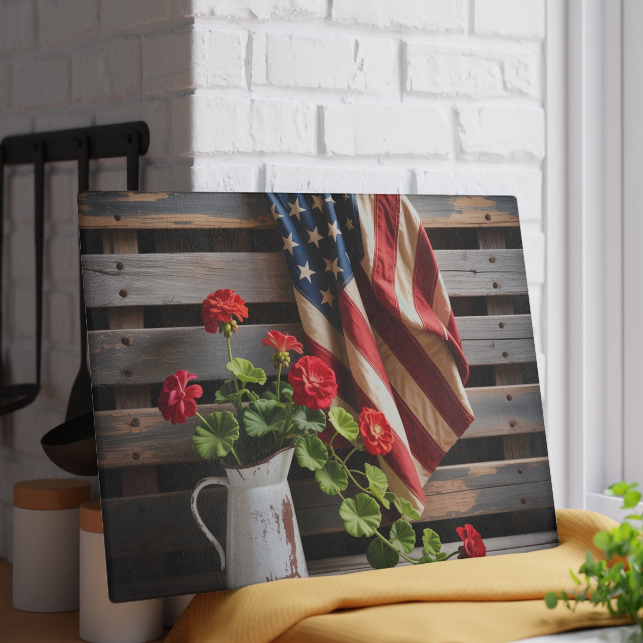 American Flag with Red Geraniums Glass Cutting Board | Patriotic Kitchen Decor