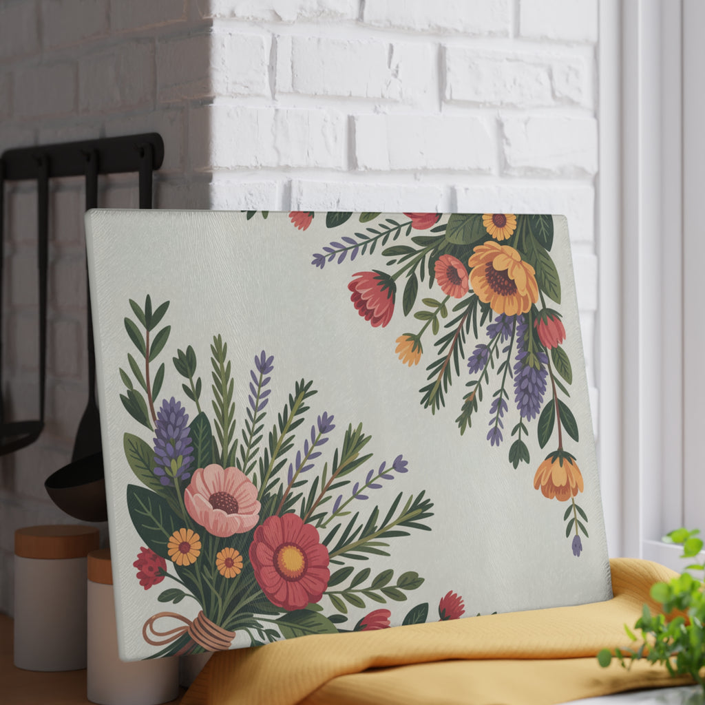 Floral Bouquet Illustration Glass Cutting Board | Botanical Kitchen Decor