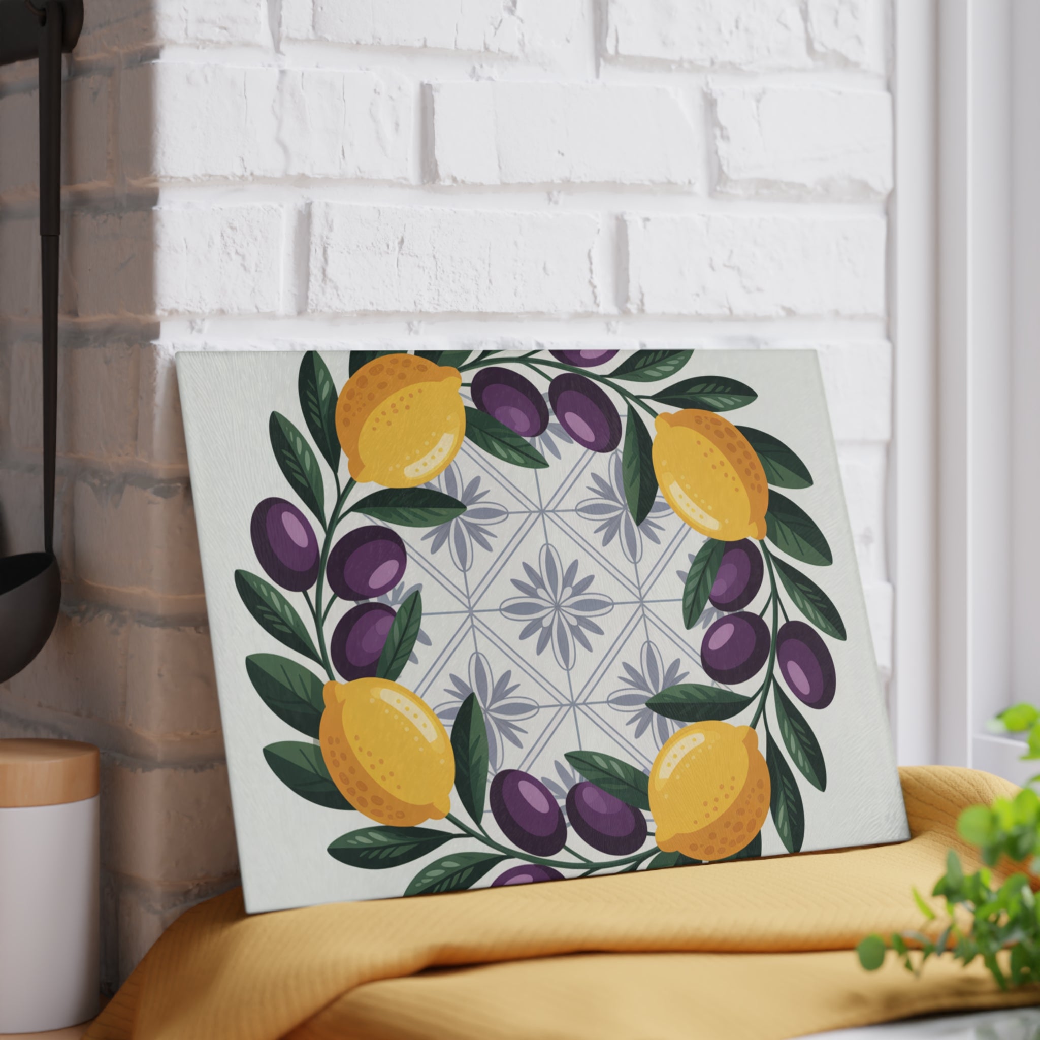 Lemon Olive Wreath Glass Cutting Board | Mediterranean Tile