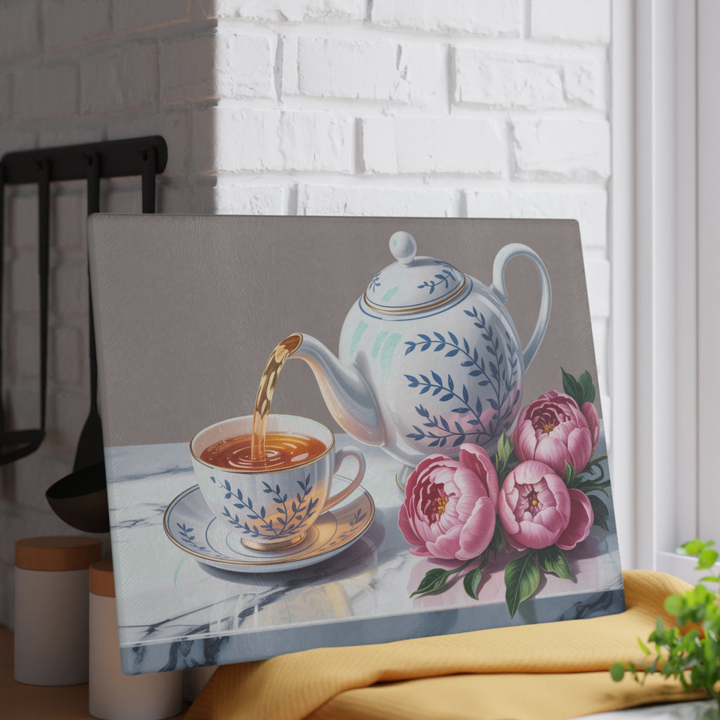 Teapot and Peonies Glass Cutting Board | Floral Tea Still Life