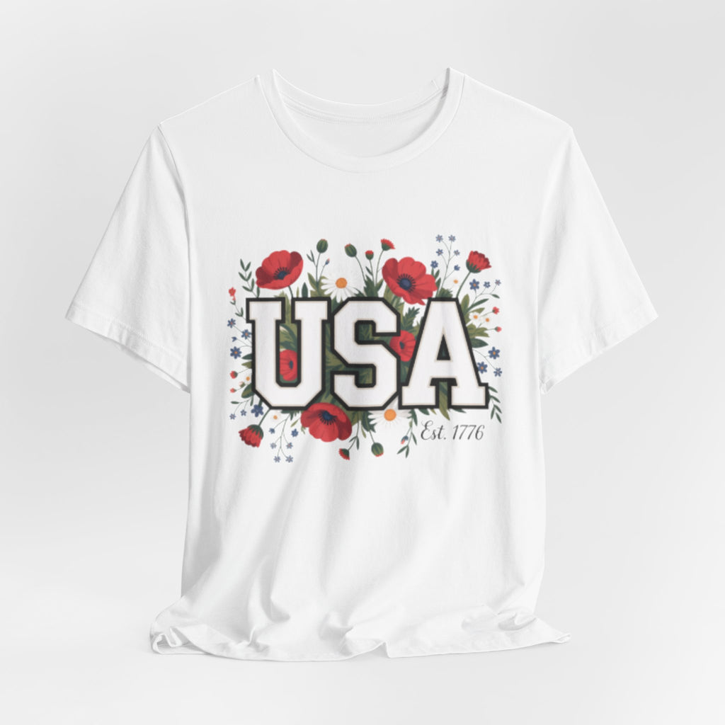 USA Floral Fourth of July Graphic Tee | Patriotic Poppy Design