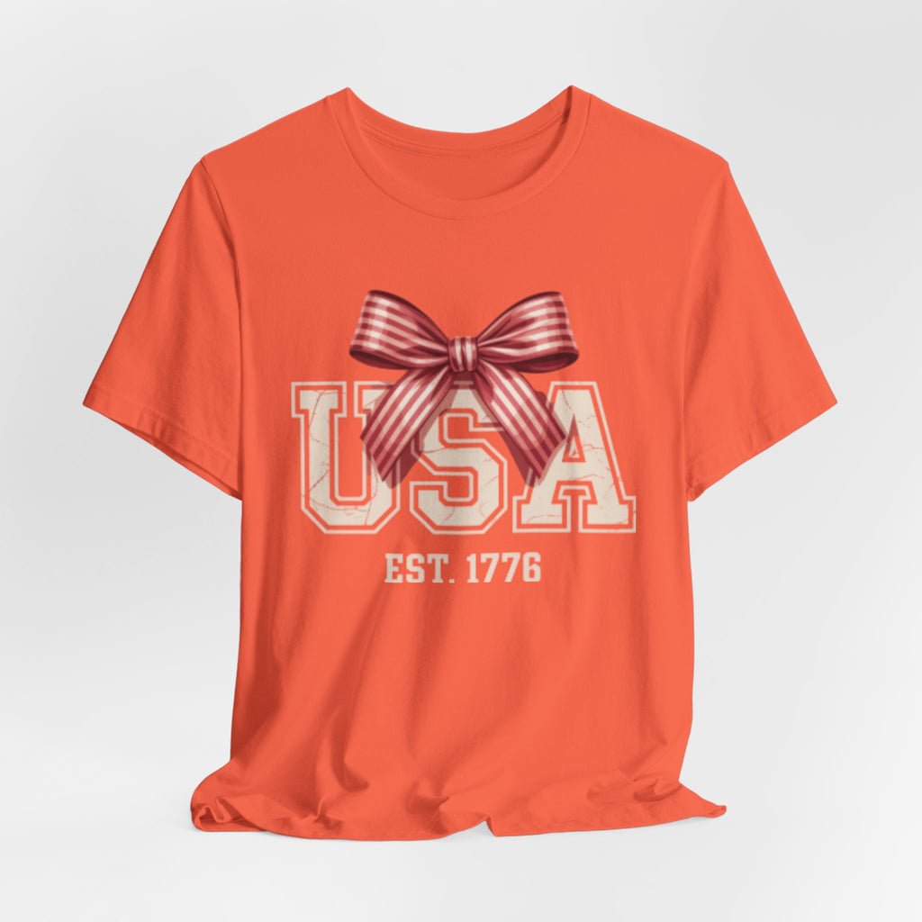 USA EST 1776 bow Fourth of July graphic Tee | Patriotic Fourth of July shirt