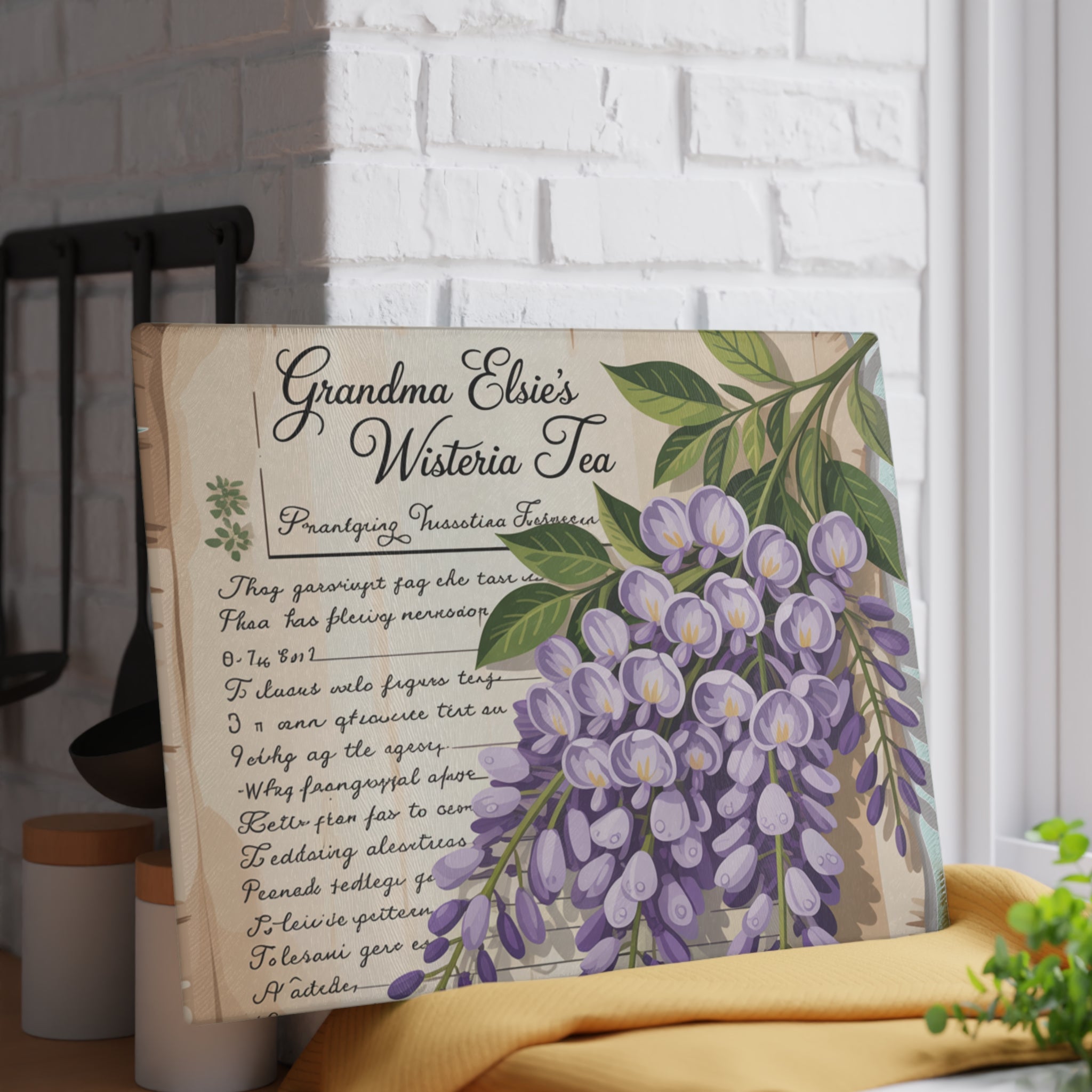 Wisteria Tea Illustration Glass Cutting Board | Floral Kitchen Decor