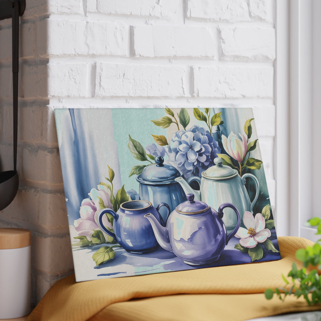 Vintage Teapot Floral Glass Cutting Board | Blue Hydrangea Magnolia