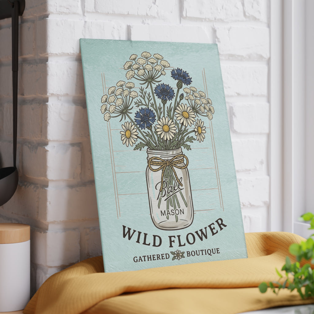 Wild Flower Mason Jar Bouquet Rustic Glass Cutting Board | Floral Kitchen Decor