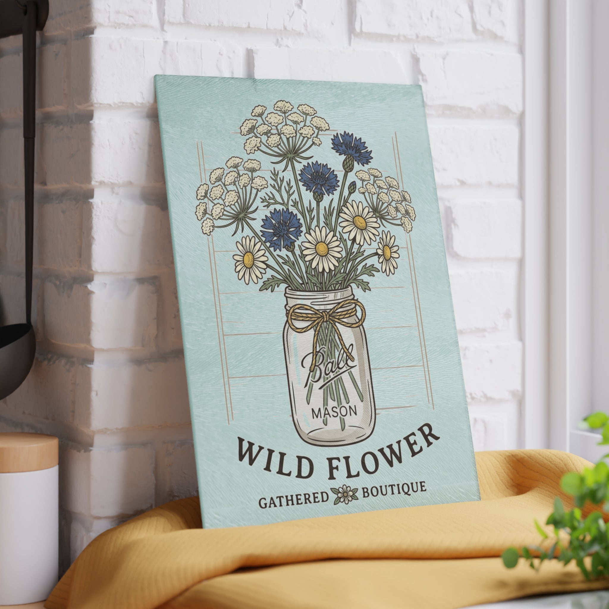 Wild Flower Mason Jar Bouquet Rustic Glass Cutting Board | Floral Kitchen Decor