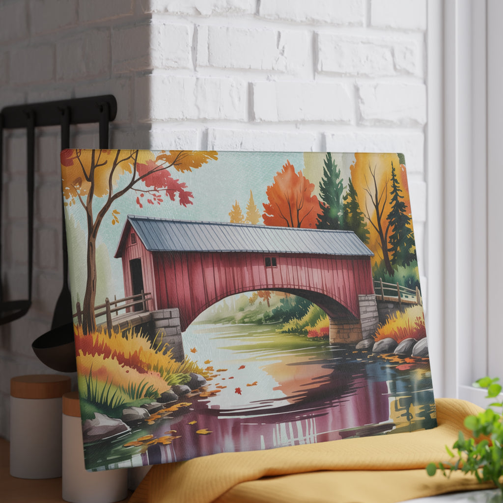 Covered Bridge Autumn Scene Glass Cutting Board | Fall Landscape