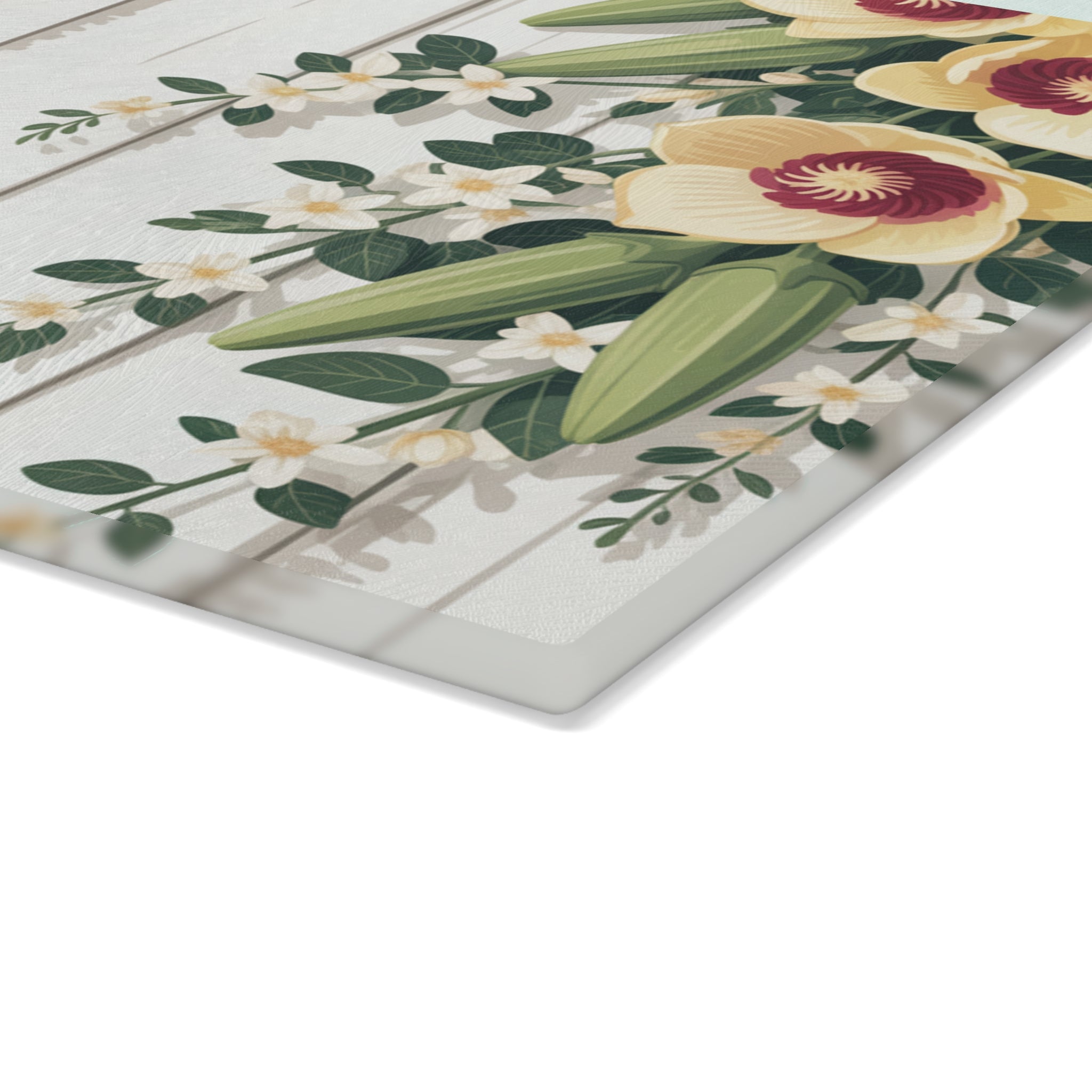 Vintage White Shiplap with Floral Corner Glass Cutting Board | Kitchen Decor