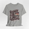 Retro 'Chasin' The Sun' Graphic Tee — Dusty Red Road Vintage Sunset T-Shirt