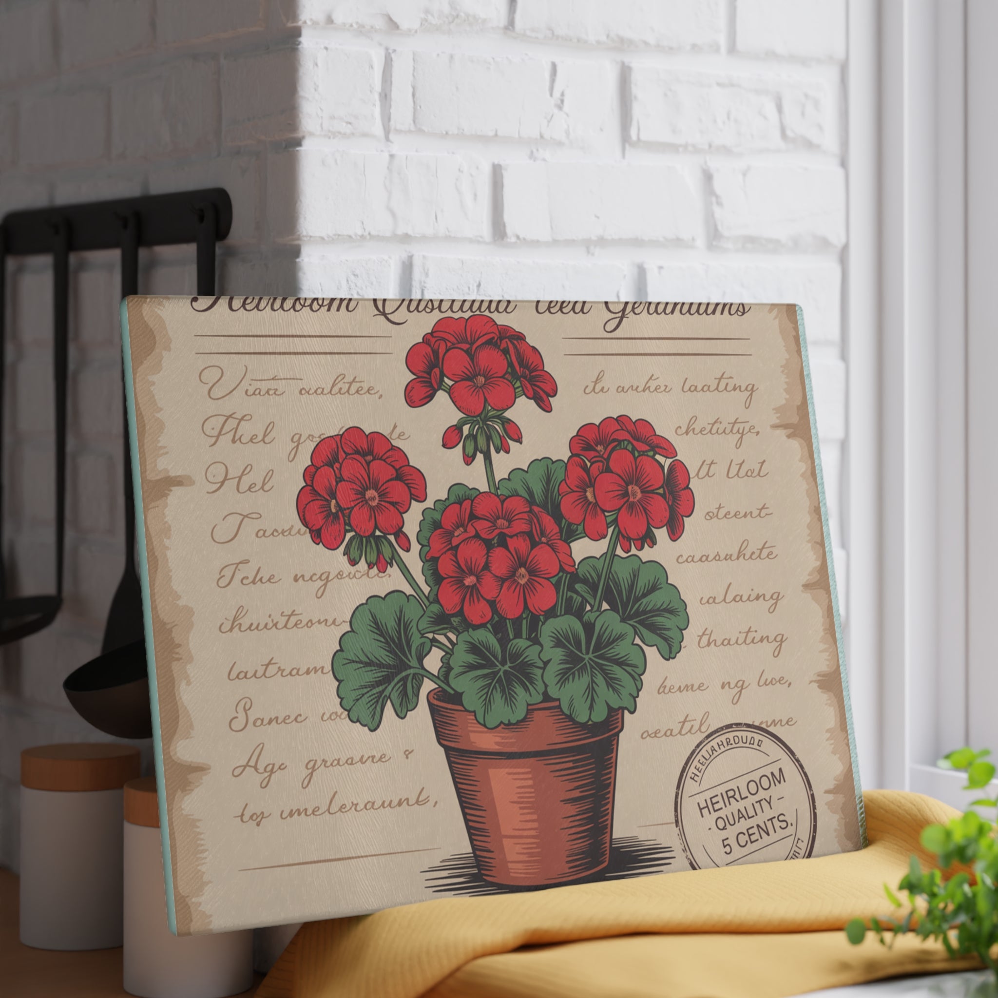 Red Geranium Potted Plant Glass Cutting Board | Vintage Botanical