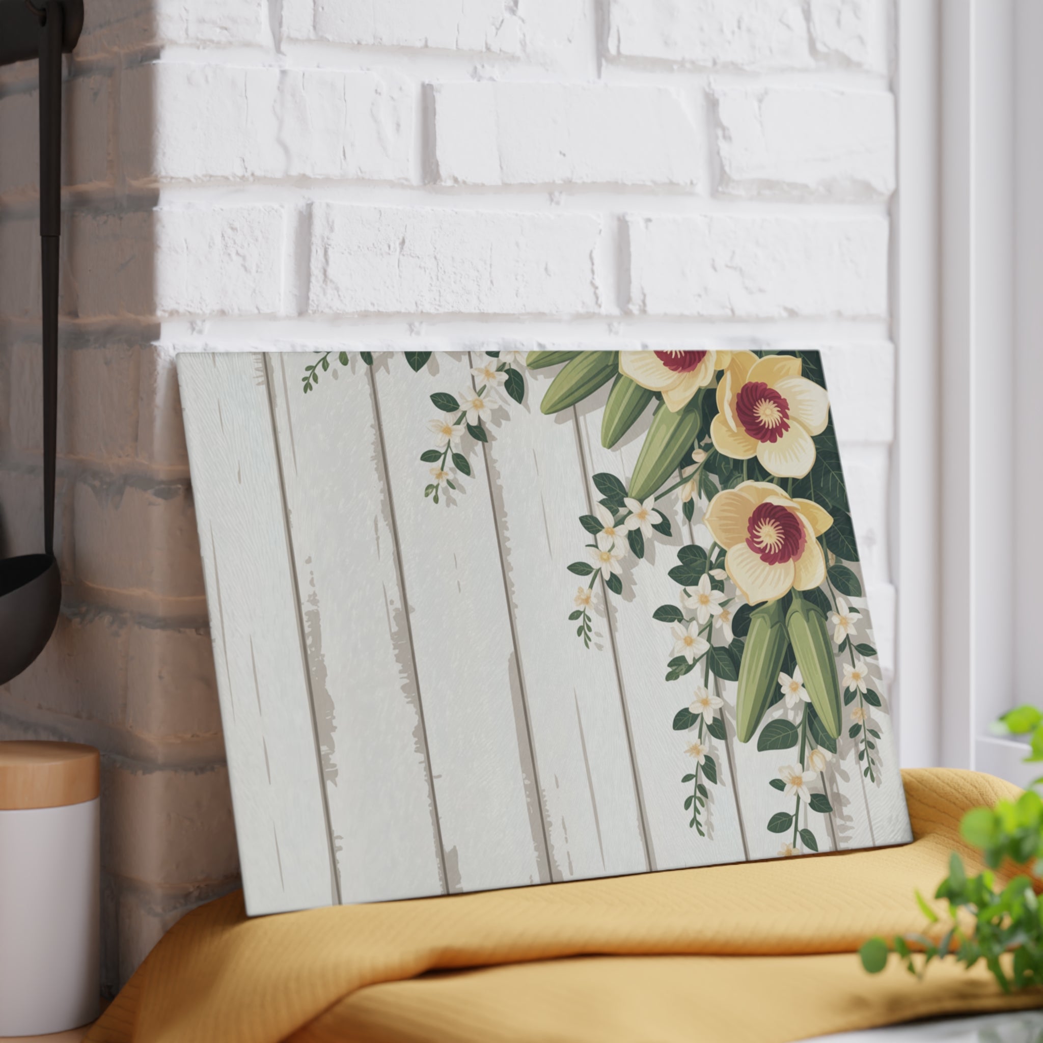 Vintage White Shiplap with Floral Corner Glass Cutting Board | Kitchen Decor