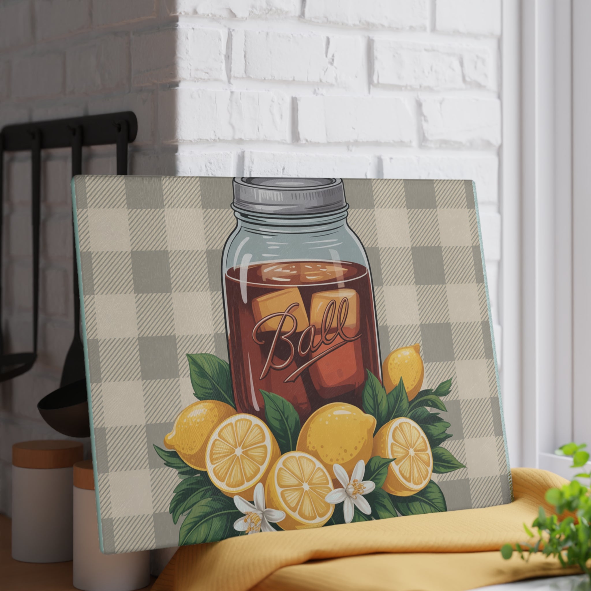 Lemon Mason Jar Iced Tea Glass Cutting Board | Citrus Kitchen Decor