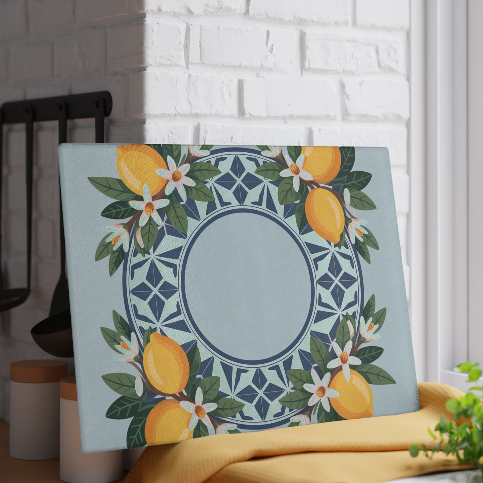 Lemon Tile Wreath Glass Cutting Board | Citrus Kitchen Decor