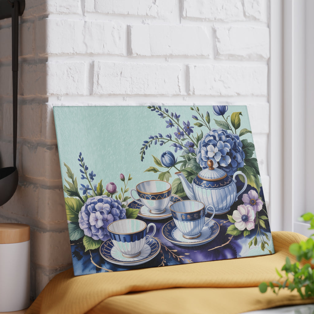 Vintage Blue Tea Set Glass Cutting Board | Floral Hydrangea Teacups