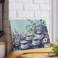 Vintage Blue Tea Set Glass Cutting Board | Floral Hydrangea Teacups