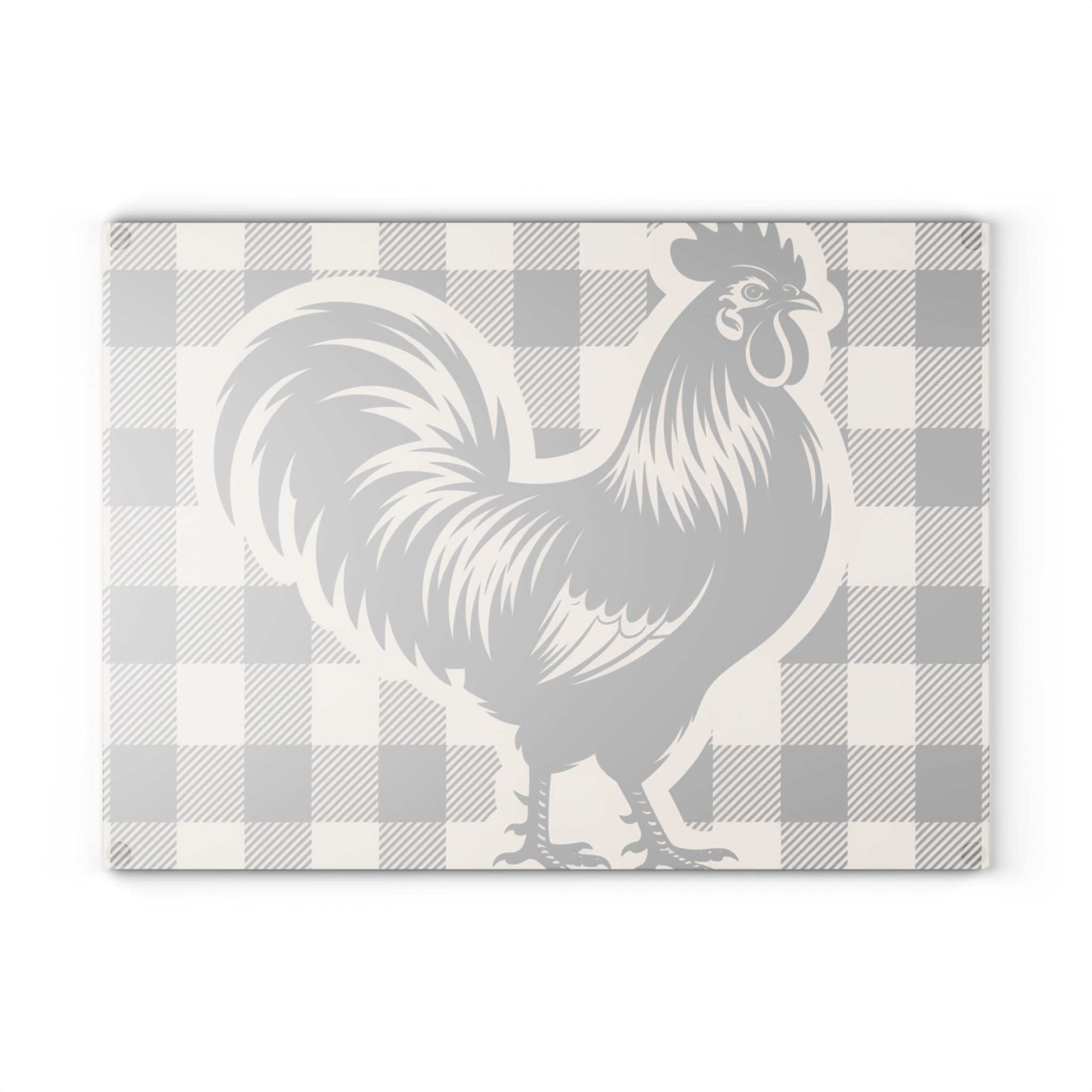 Rooster Silhouette Glass Cutting Board | Buffalo Check Background