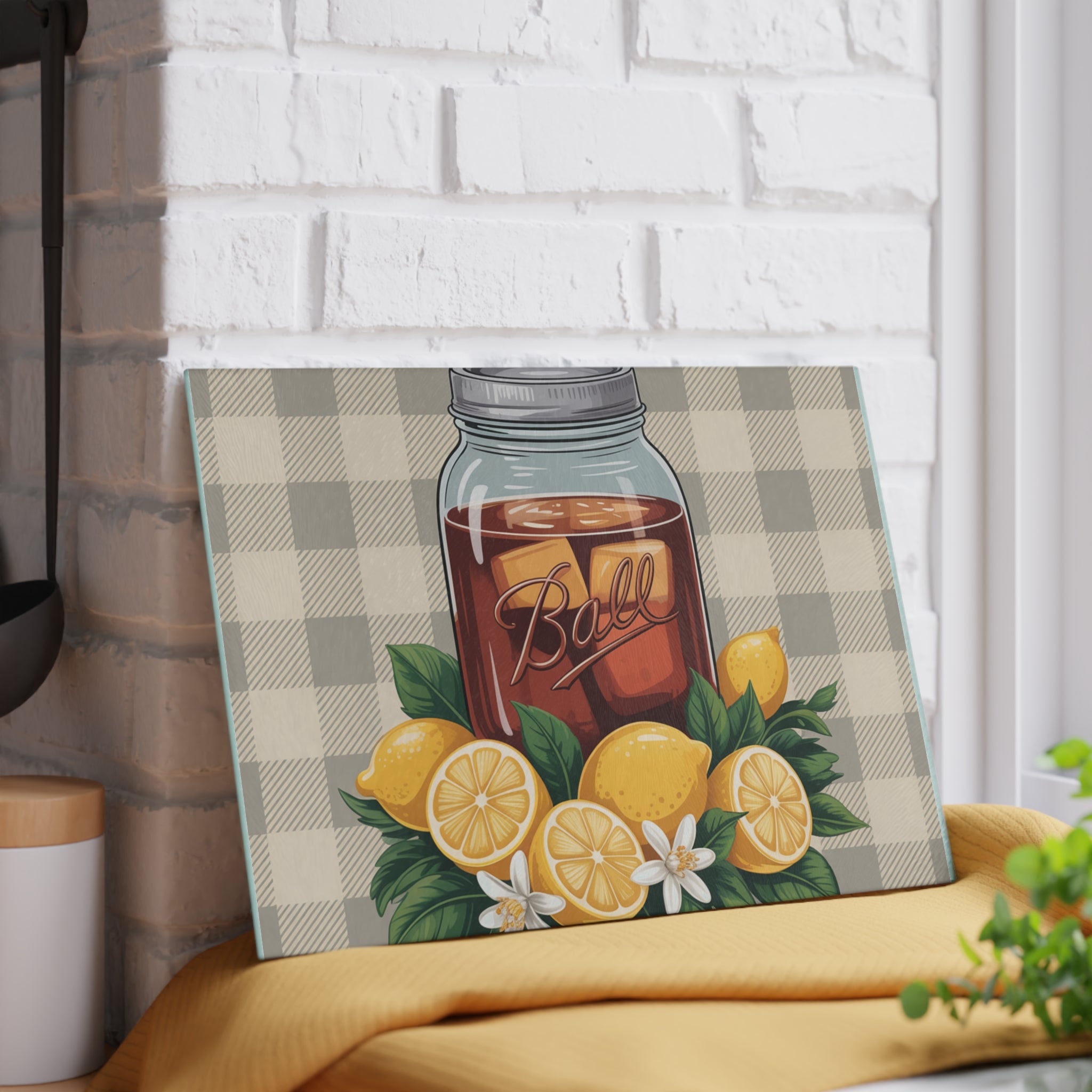 Lemon Mason Jar Iced Tea Glass Cutting Board | Citrus Kitchen Decor