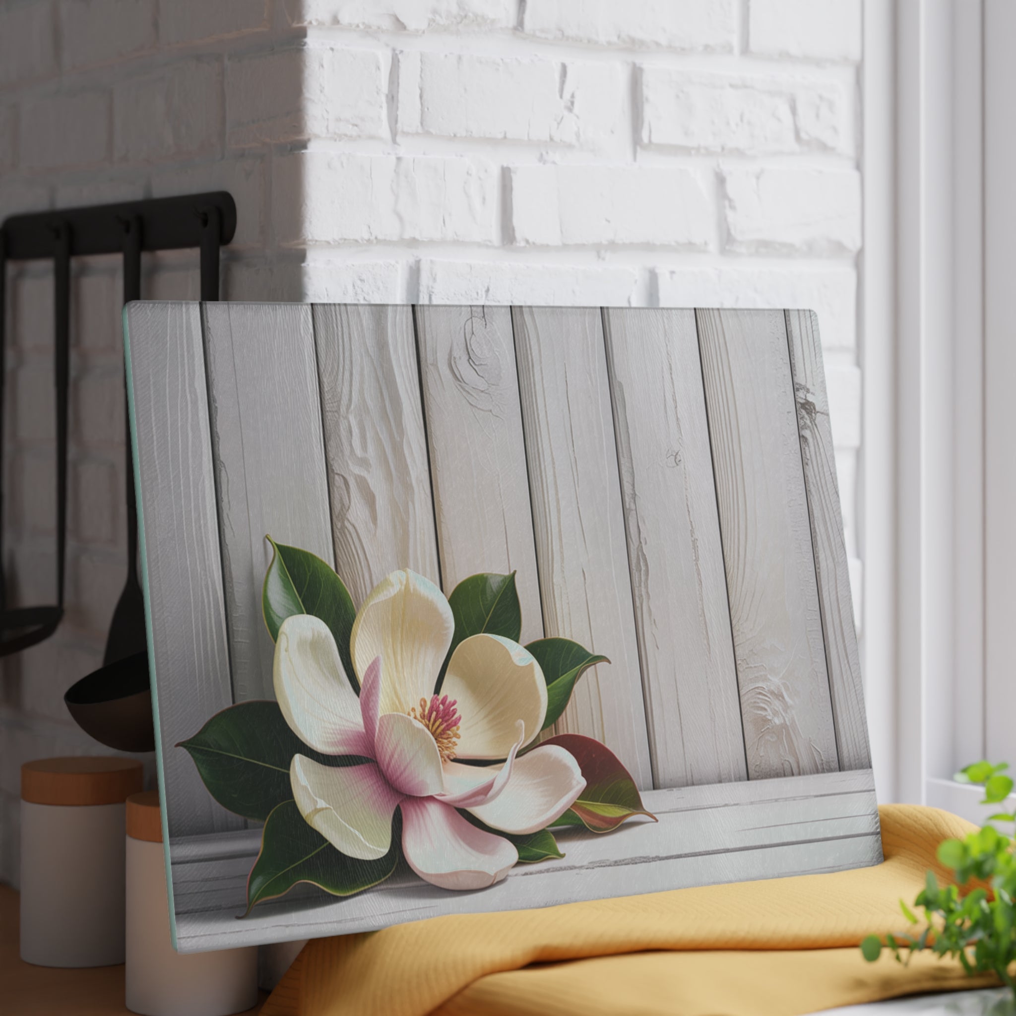 Magnolia Floral Glass Cutting Board | White Wood Plank Background