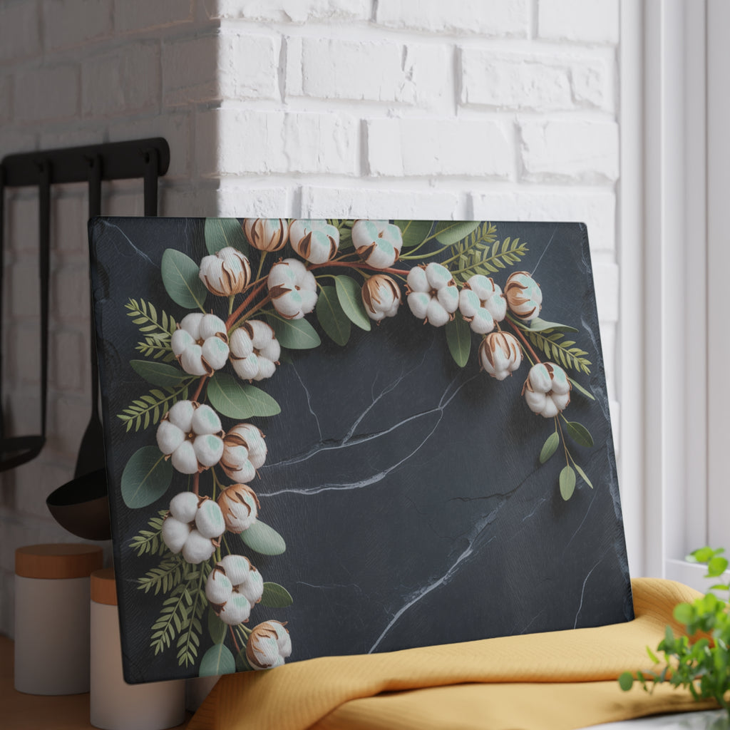 Cotton Stem Wreath Glass Cutting Board | Floral Kitchen Decor