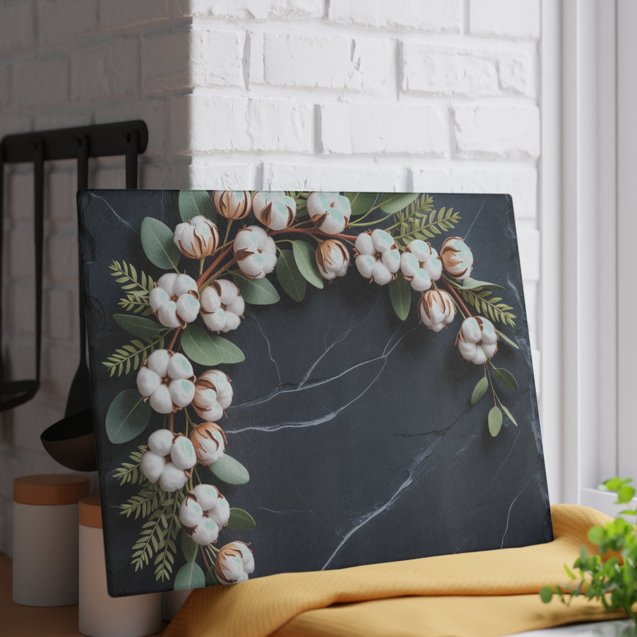 Cotton Stem Wreath Glass Cutting Board | Floral Kitchen Decor