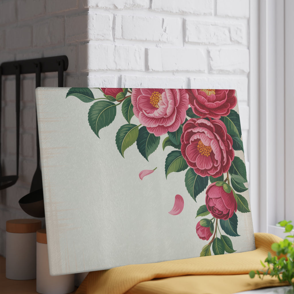 Pink Peony Floral Glass Cutting Board | Floral Kitchen Decor