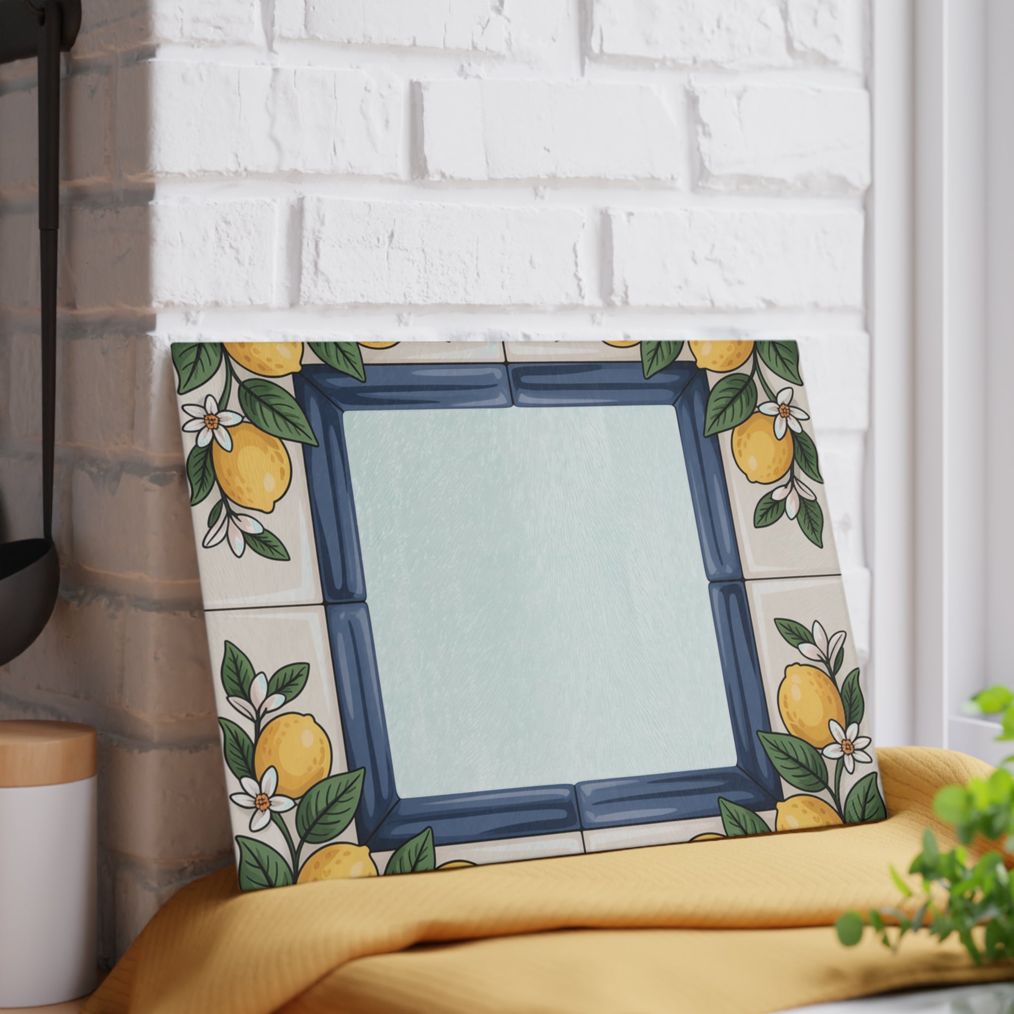 Lemon Tile Border Glass Cutting Board | Citrus Kitchen Decor
