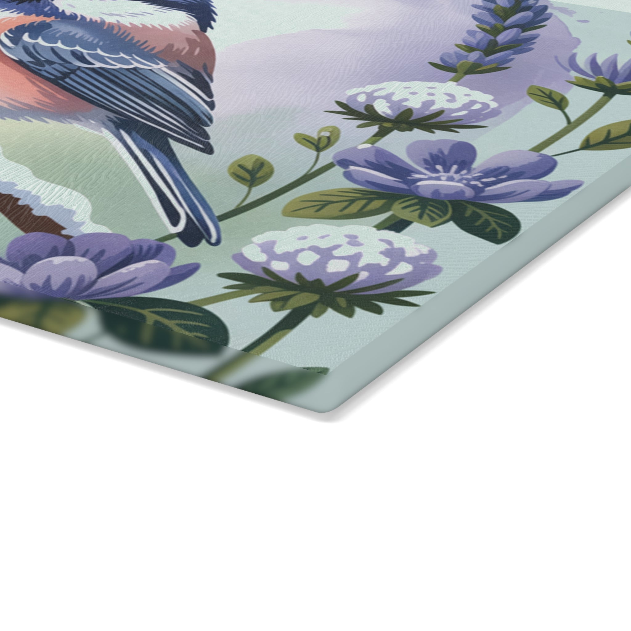 Chickadee Bird Illustration Glass Cutting Board | Floral Lavender Kitchen