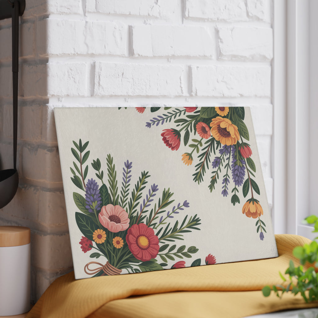 Floral Bouquet Illustration Glass Cutting Board | Botanical Kitchen Decor