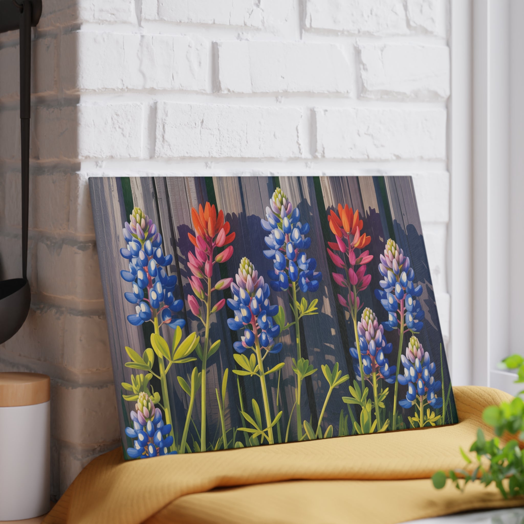 Bluebonnet and Indian Paintbrush Glass Cutting Board | Floral Kitchen Decor