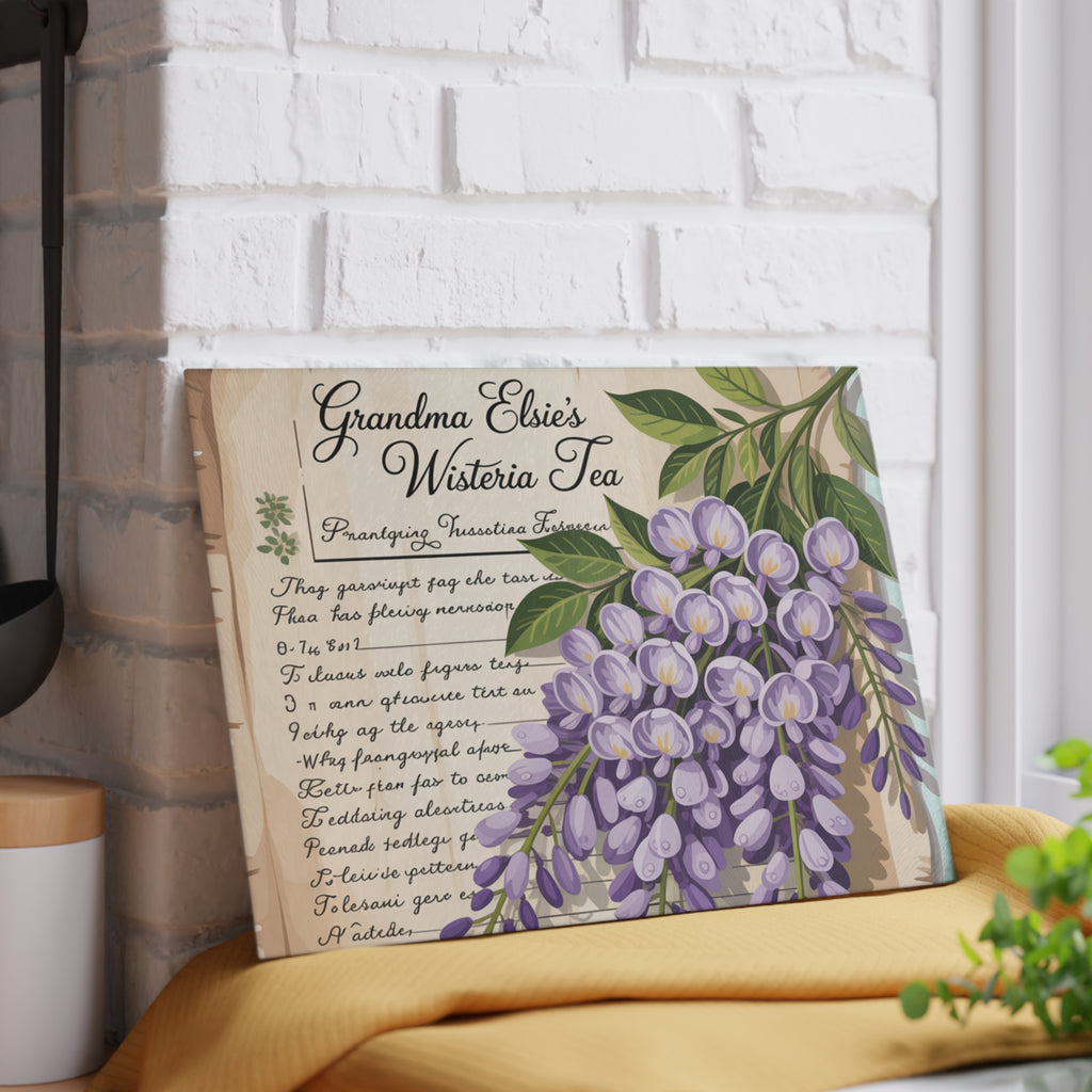 Wisteria Tea Illustration Glass Cutting Board | Floral Kitchen Decor