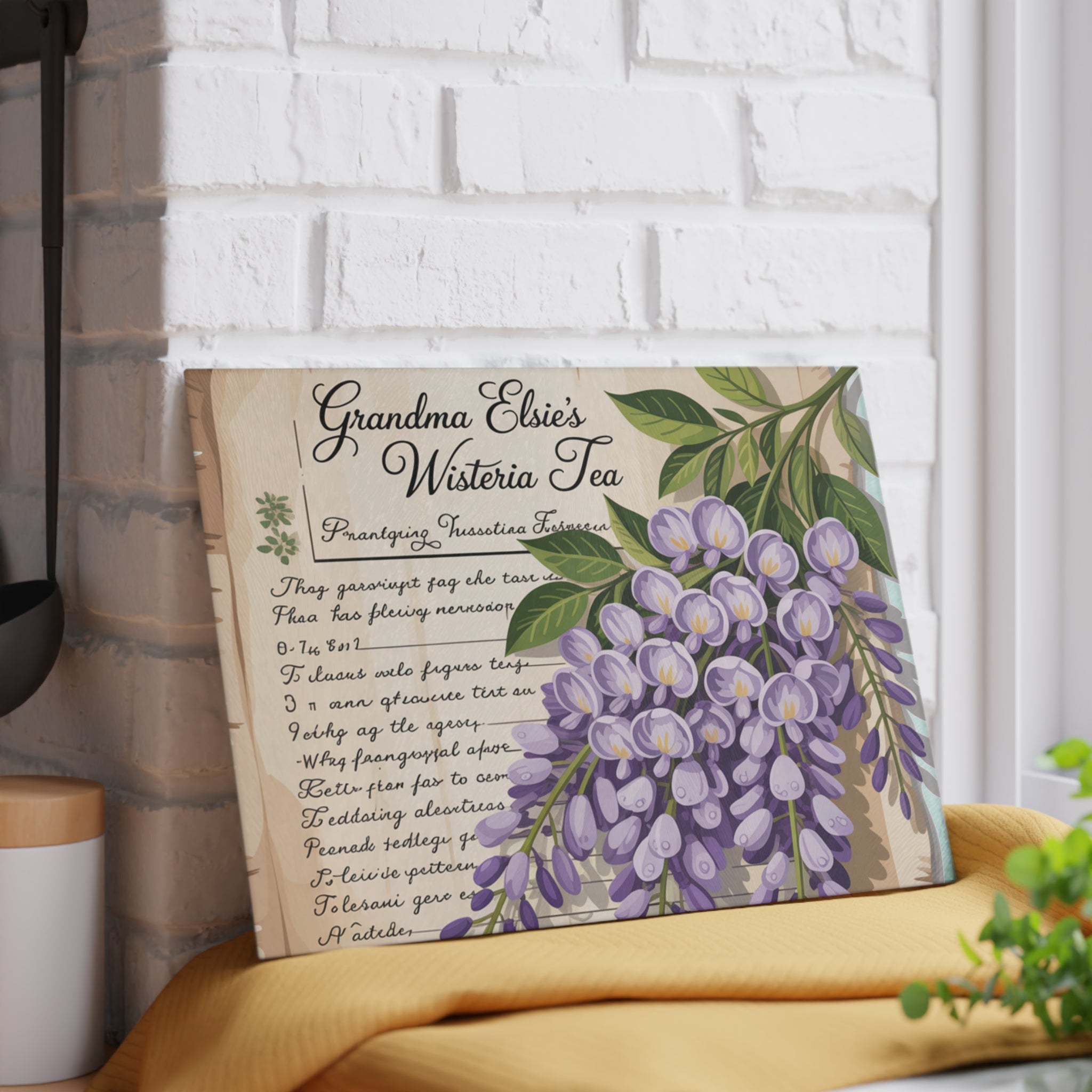 Wisteria Tea Illustration Glass Cutting Board | Floral Kitchen Decor