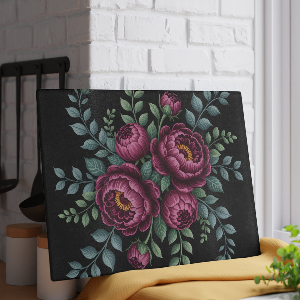 Pink Peony Bouquet Glass Cutting Board | Floral Kitchen Decor