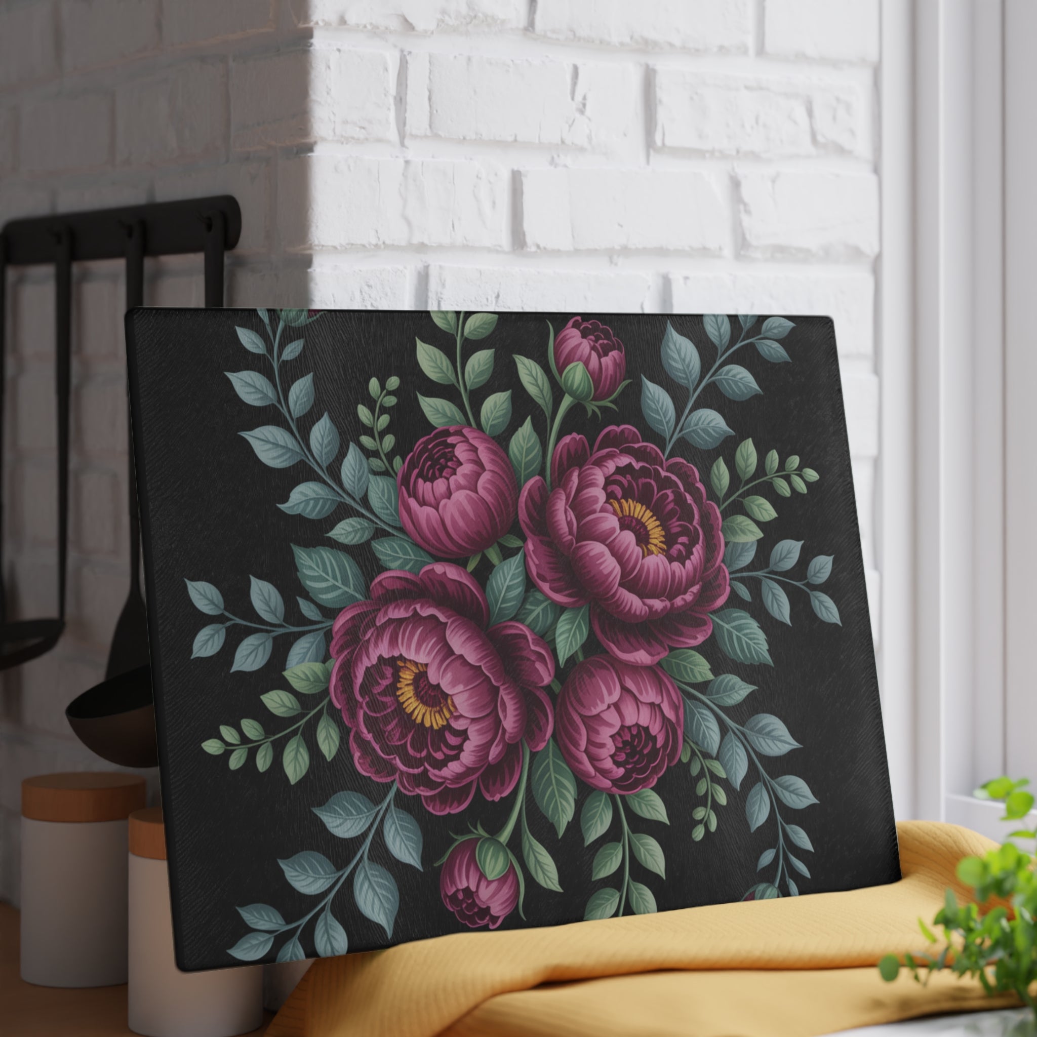 Pink Peony Bouquet Glass Cutting Board | Floral Kitchen Decor