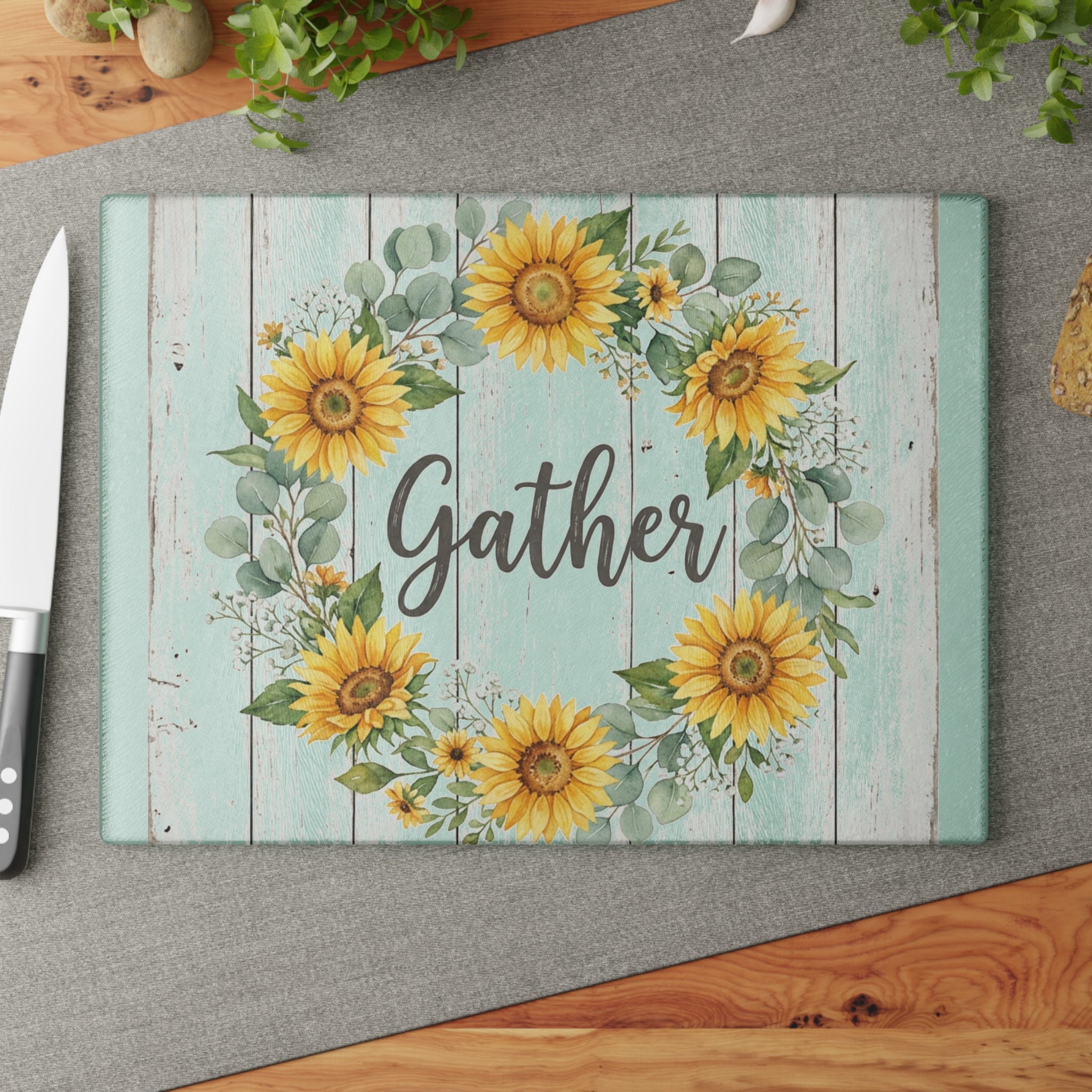 Sunflower Wreath Gather Glass Cutting Board | Farmhouse Kitchen Decor