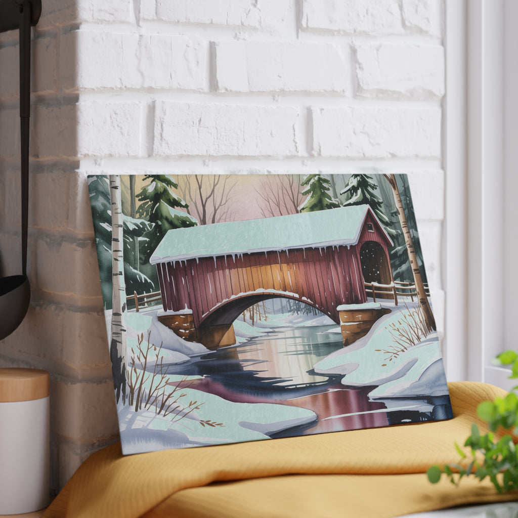 Covered Bridge Winter Scene Glass Cutting Board | Snowy Landscape