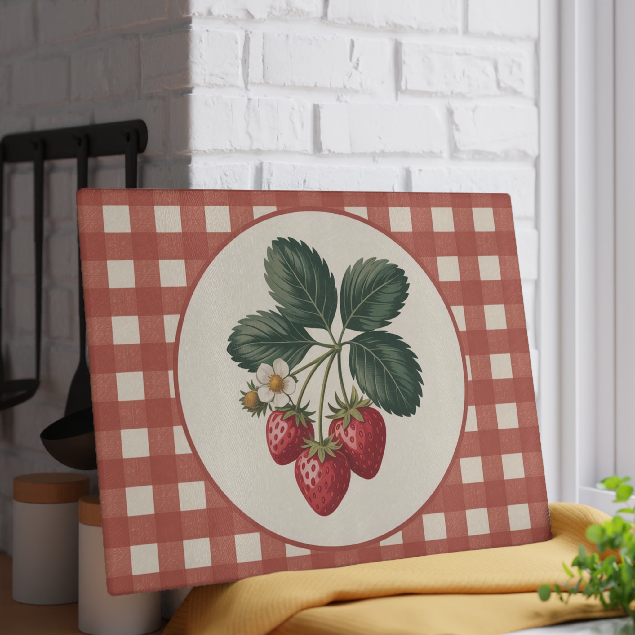 Strawberry Vintage Illustration Glass Cutting Board | Gingham