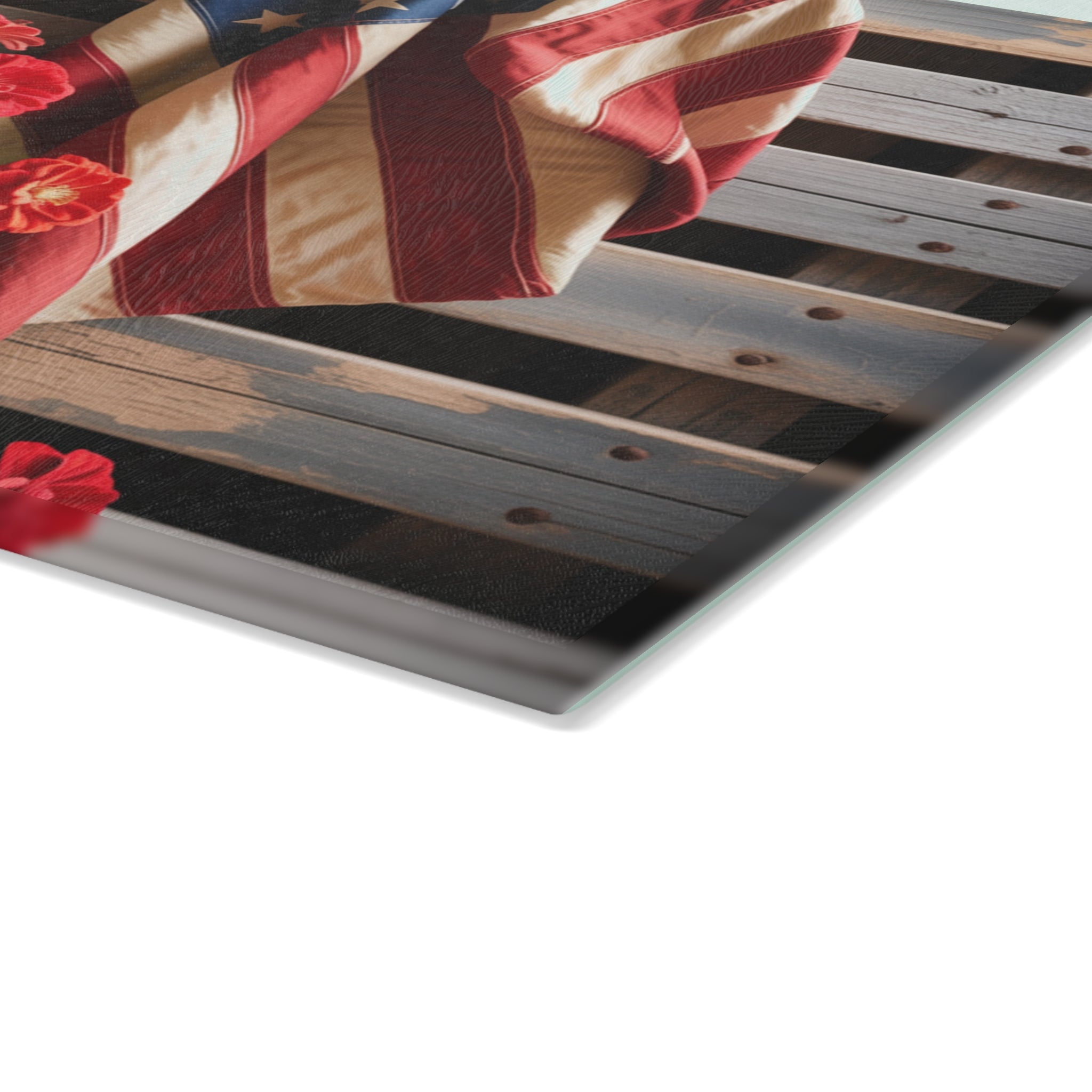 American Flag with Red Geraniums Glass Cutting Board | Patriotic Kitchen Decor