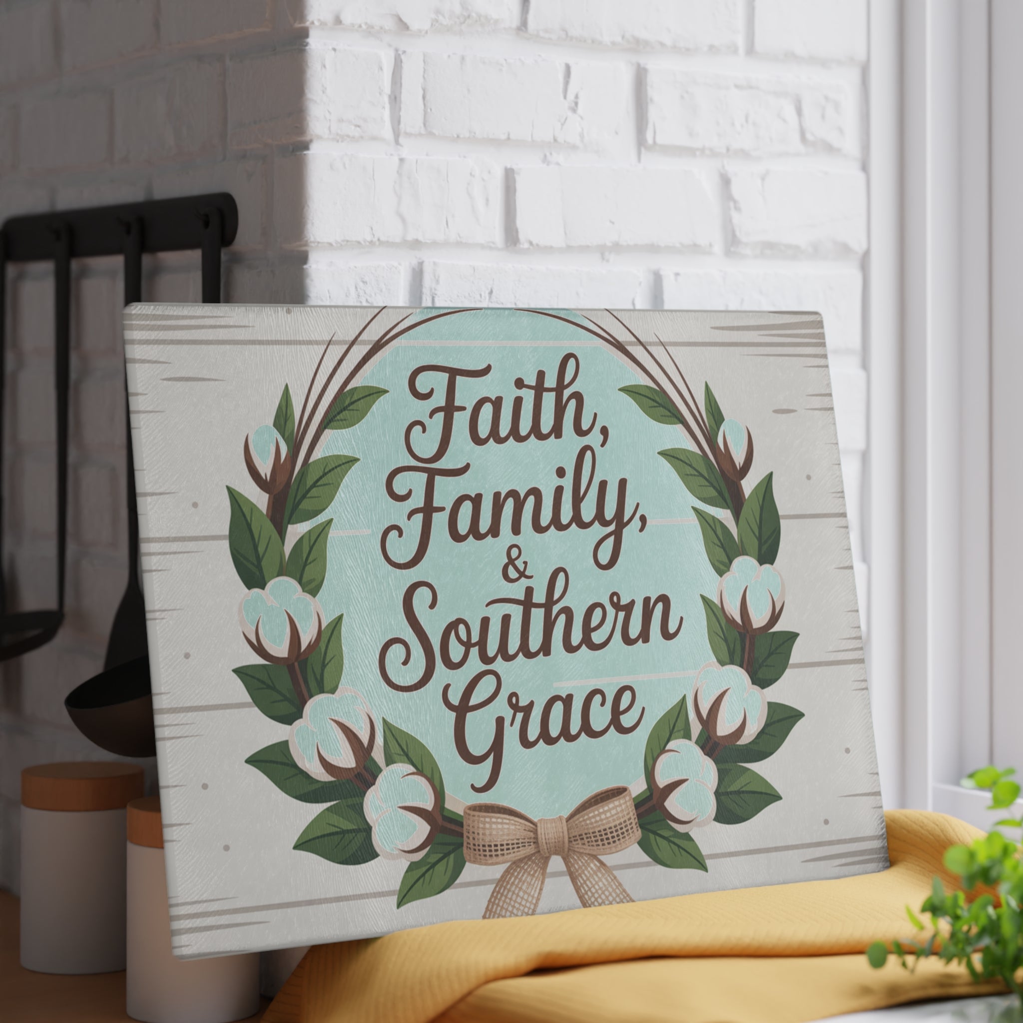 Faith Family & Southern Grace Glass Cutting Board | Cotton Wreath Kitchen Decor
