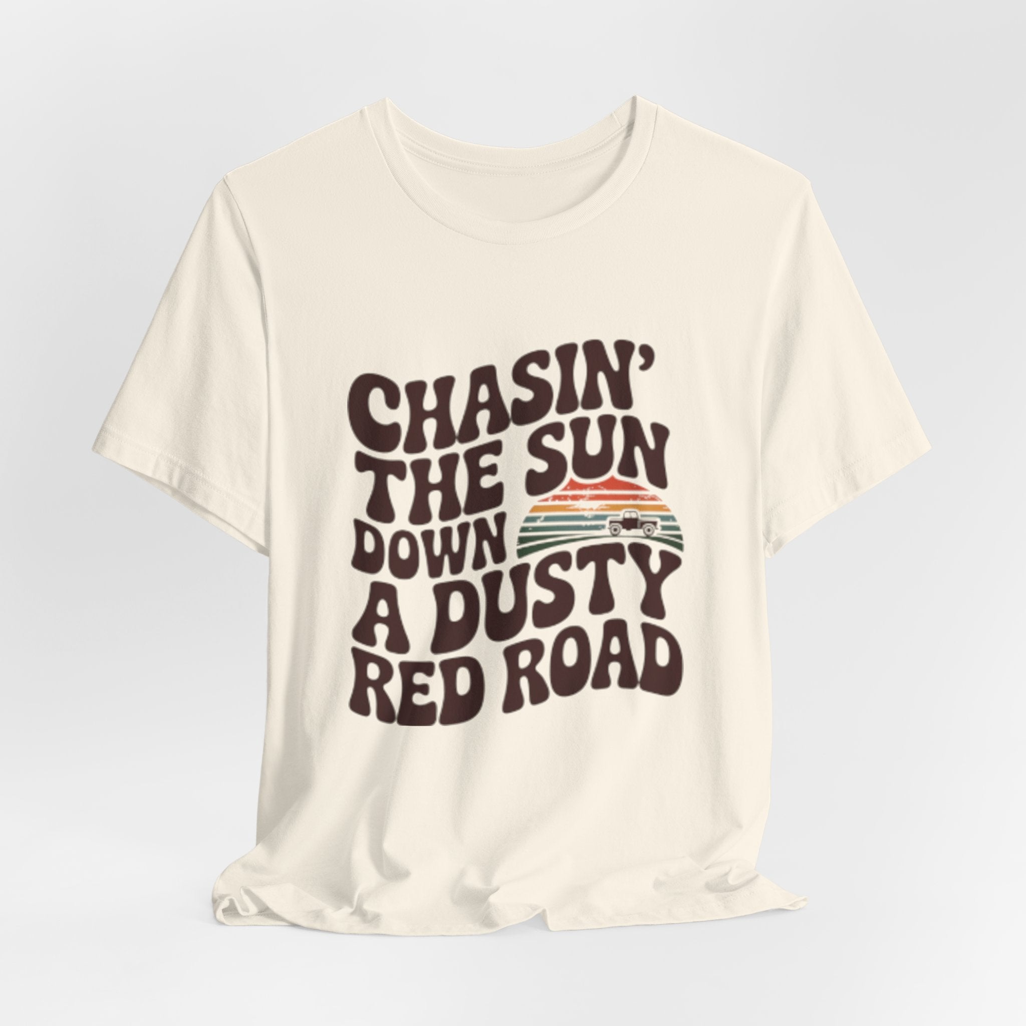 Retro 'Chasin' The Sun' Graphic Tee — Dusty Red Road Vintage Sunset T-Shirt