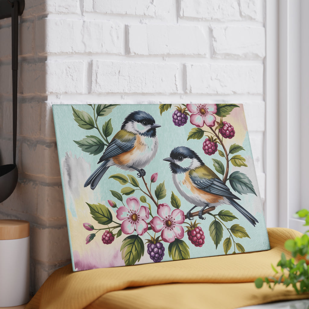 Songbird Illustration Glass Cutting Board | Birds & Berries