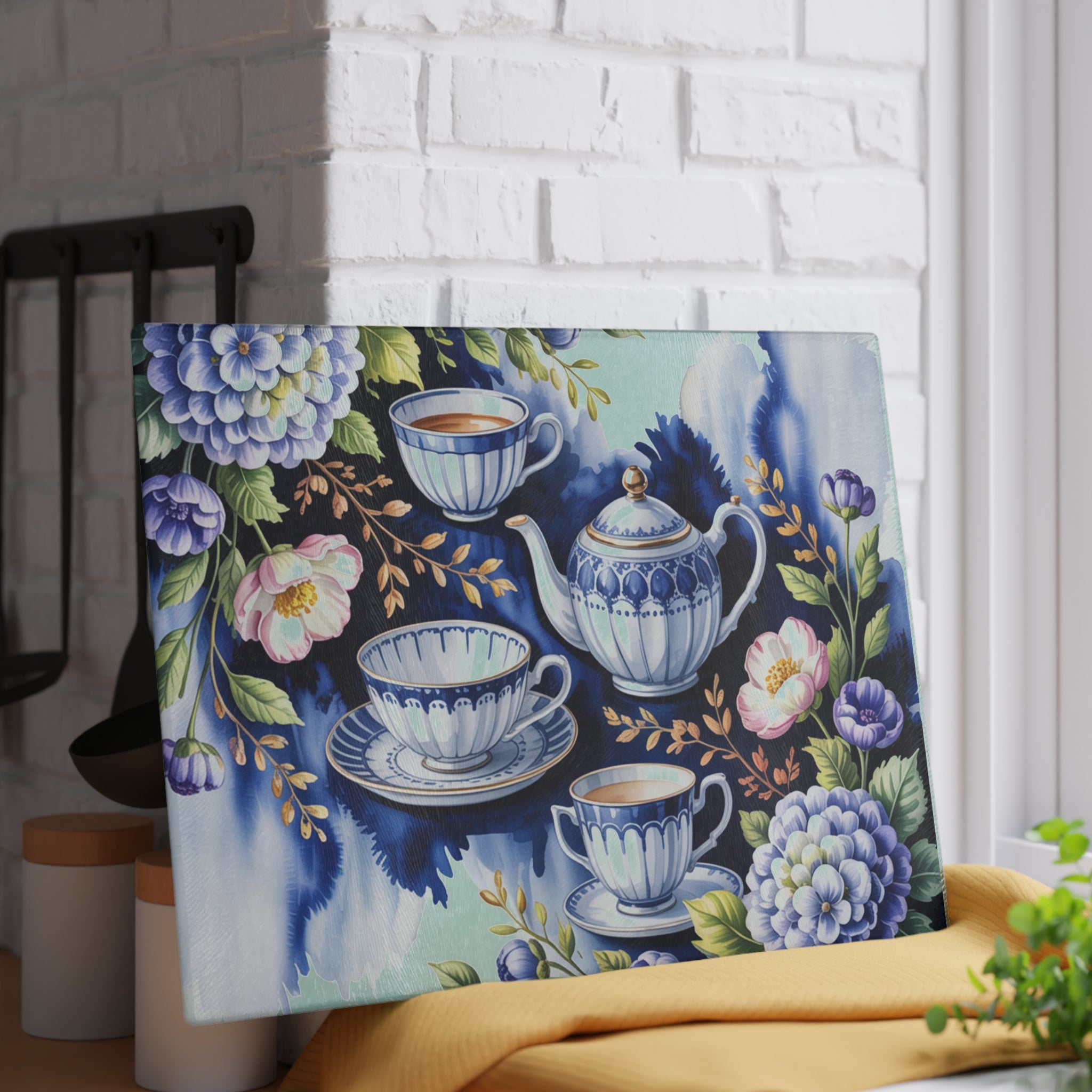 Blue Teapot and Teacups Glass Cutting Board | Floral Tea Set