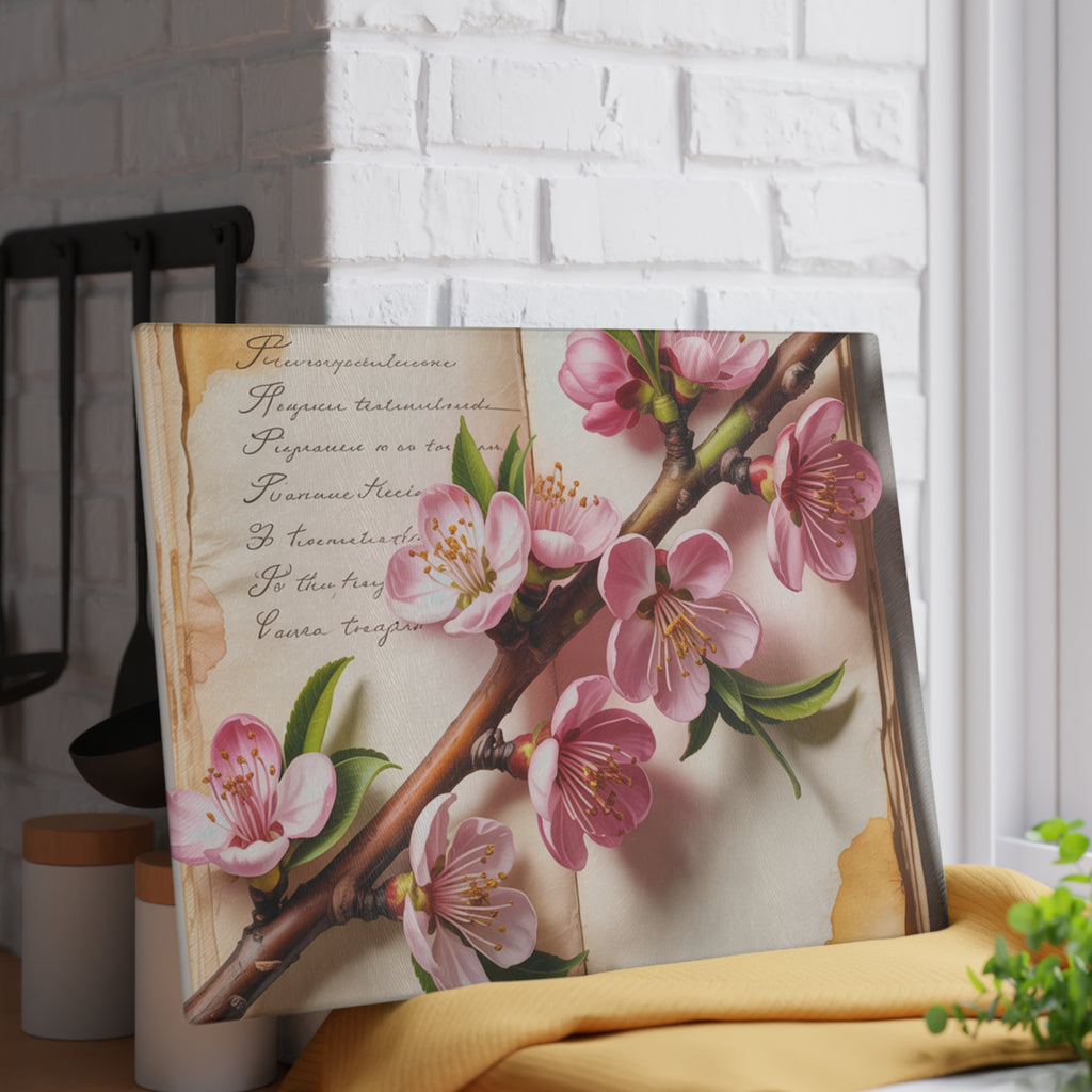 Pink Cherry Blossom Branch Glass Cutting Board | Floral Kitchen Decor