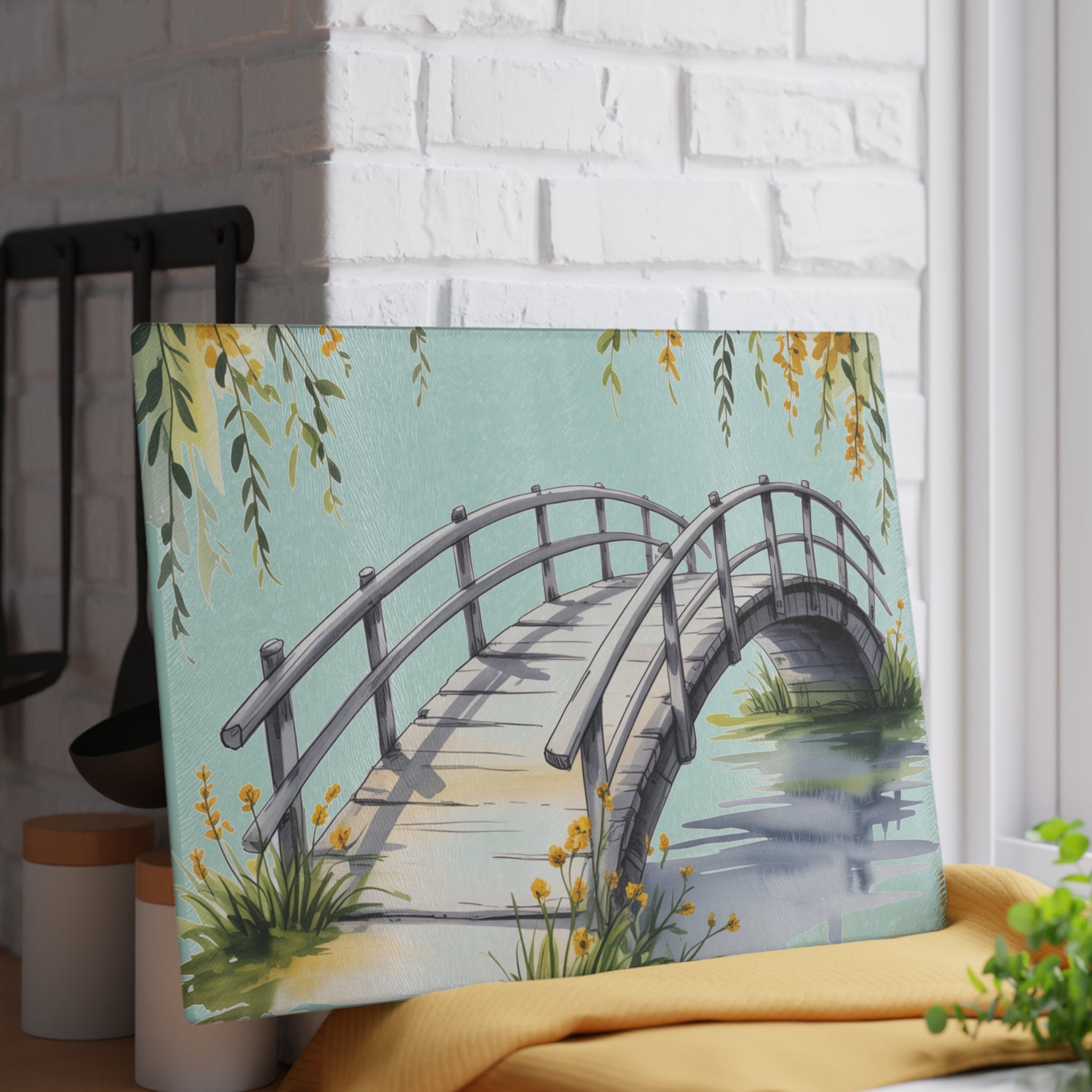 Watercolor Arched Bridge Glass Cutting Board | Scenic Kitchen Decor