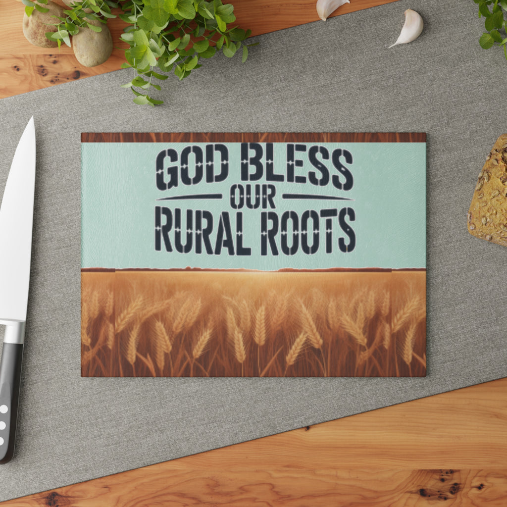 God Bless Our Rural Roots Glass Cutting Board | Farm Wheat Design