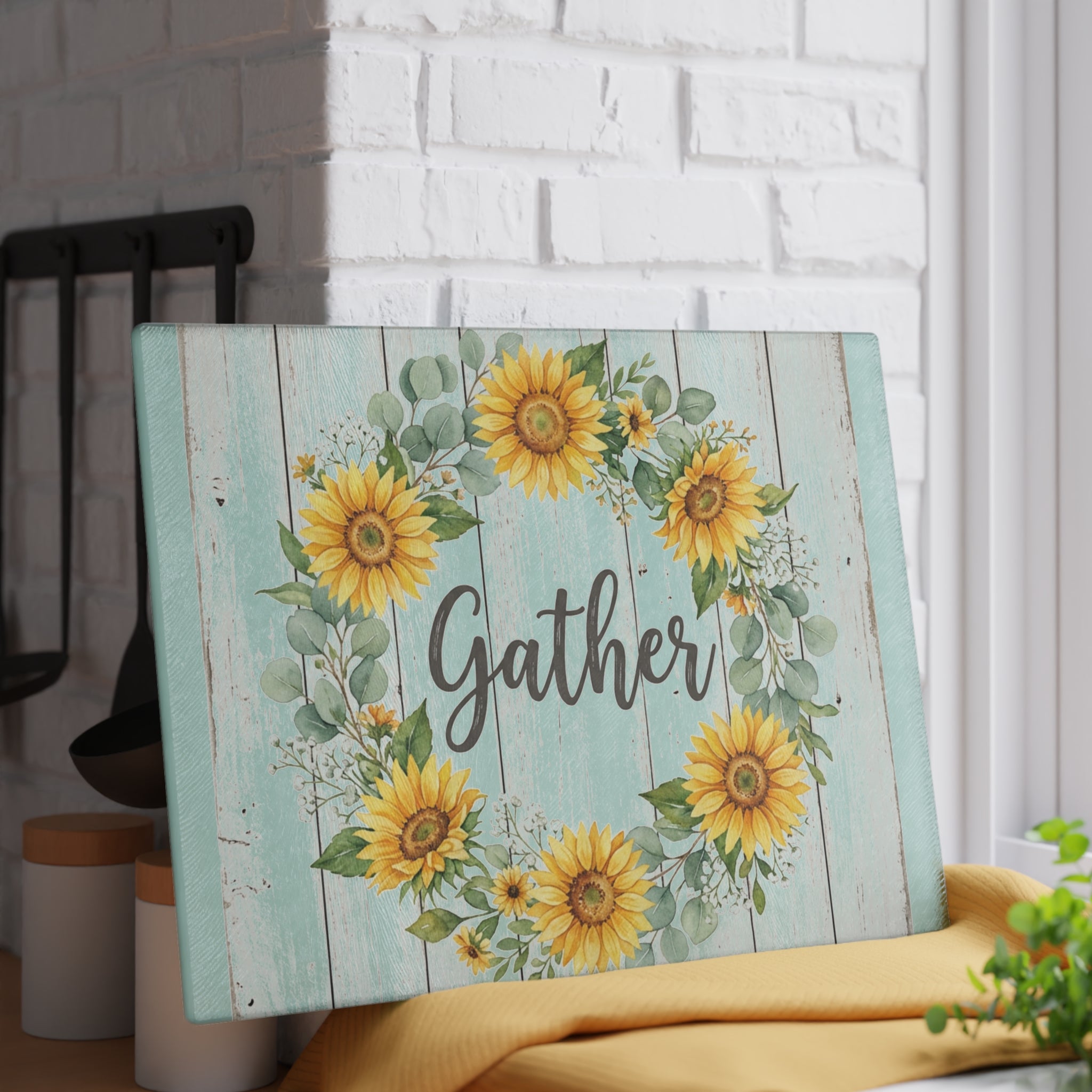 Sunflower Wreath Gather Glass Cutting Board | Farmhouse Kitchen Decor